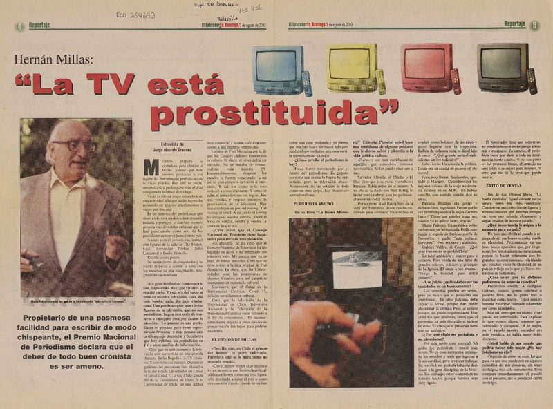 "La TV está prostituida"  [artículo] Jorge Abasolo Aravena.