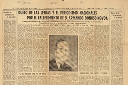 Duelo de las letras y el periodismo nacionales por el fallecimiento de D. Armando Donoso Novoa  [artículo] Andrés González Blanco.