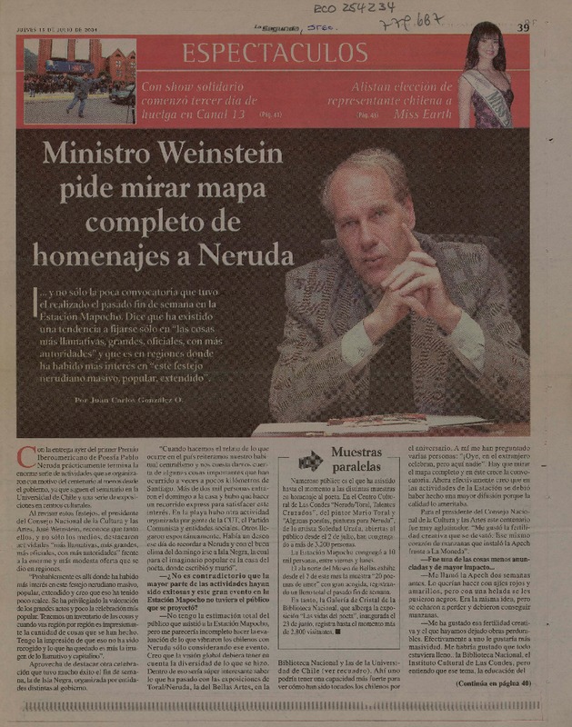 Ministro Weinstein pide mirar mapa completo de homenajes a Neruda  [artículo] Juan Carlos González O.