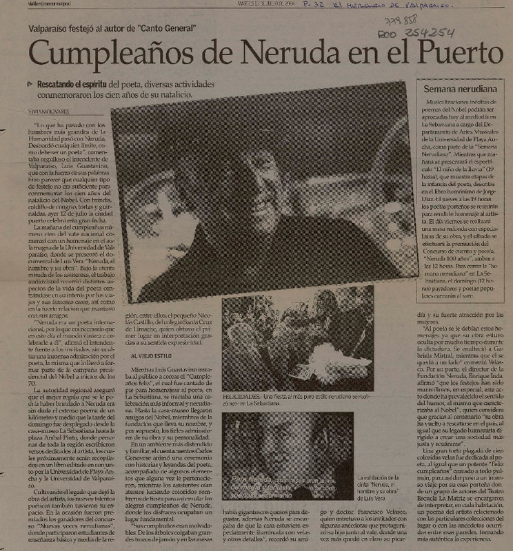 Cumpleaños de Neruda en el Puerto  [artículo] Vivian Olivares.