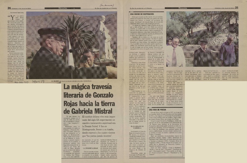 La mágica travesía literaria de Gonzalo Rojas hacia la tierra de Gabriela Mistral  [artículo] Armando Tapia Cortés.