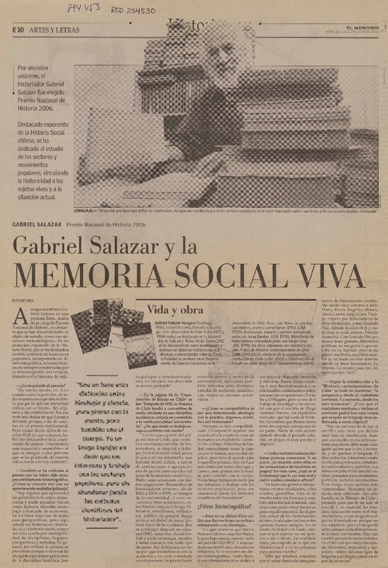 Gabriel Salazar y la memoria social viva (entrevista)  [artículo] Patricio Tapia.