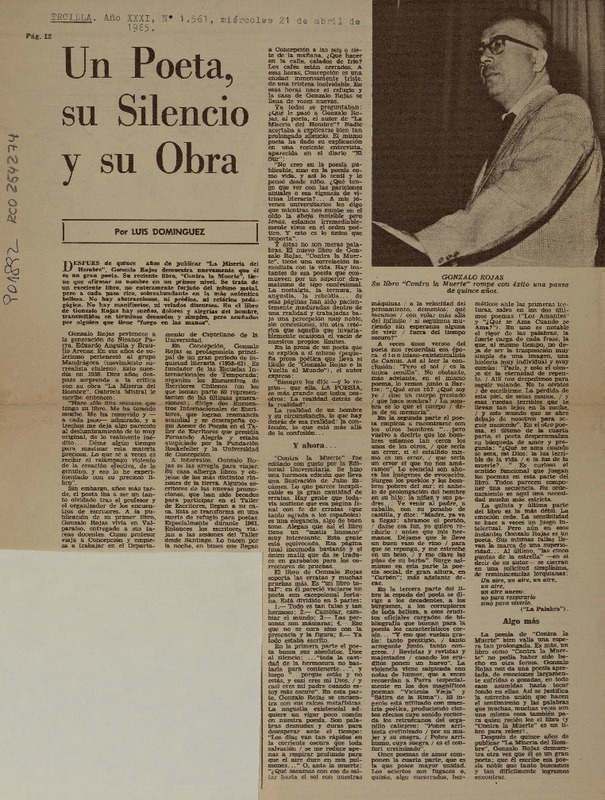 Un poeta, su silencio y su obra  [artículo] Luis Dominguez.