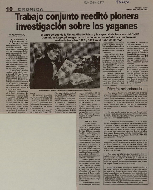 Trabajo conjunto reeditó pionera investigación sobre los yaganes  [artículo] Marisol Retamales G.