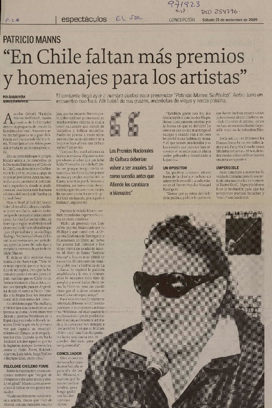 "En Chile faltan más premios y homenajes para los artistas"  [artículo] Álvaro Peña.
