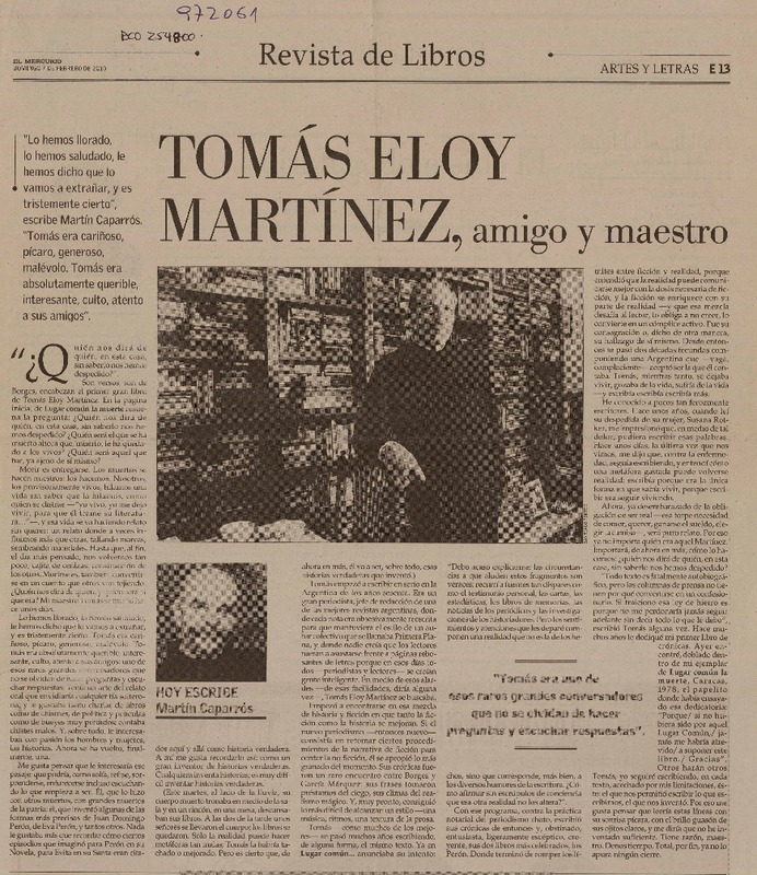 Tomás Eloy Martínez, amigo y maestro  [artículo] Martín Caparrós.