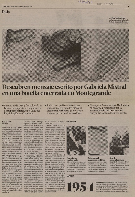 Descubren mensaje escrito por Gabriela Mistral en una botella enterrada en Montegrande  [artículo] Pablo Portilla.