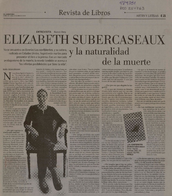 Elizabeth Subercaseaux y la naturalidad de la muerte (entrevista)  [artículo] María Teresa Cárdenas.