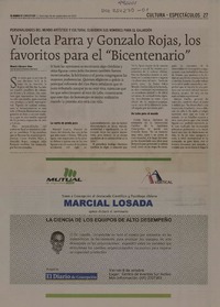 Violeta Parra y Gonzalo Rojas, los favoritos para el "Bicentenario"  [artículo] Ricardo Cárcamo Ulloa.