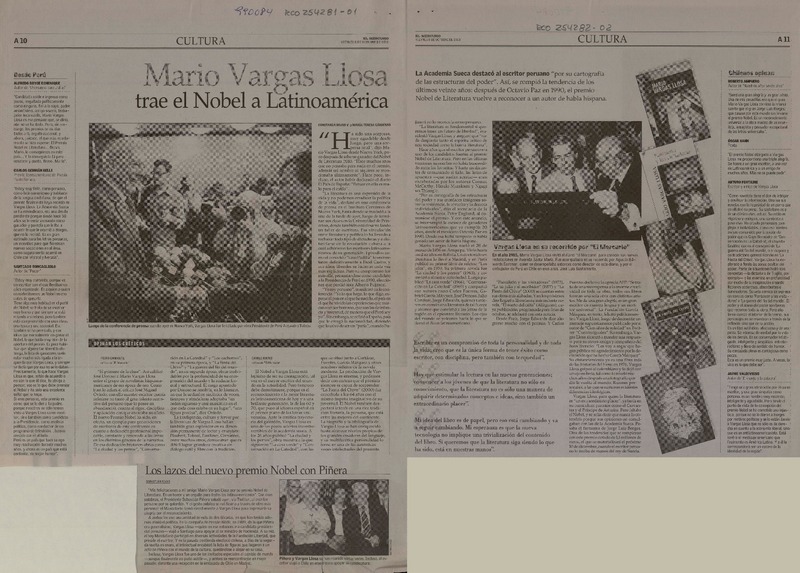 Mario Vargas Llosa trae el Nobel a Latinoamérica  [artículo] Constanza Rojas V. y María Teresa Cárdenas.
