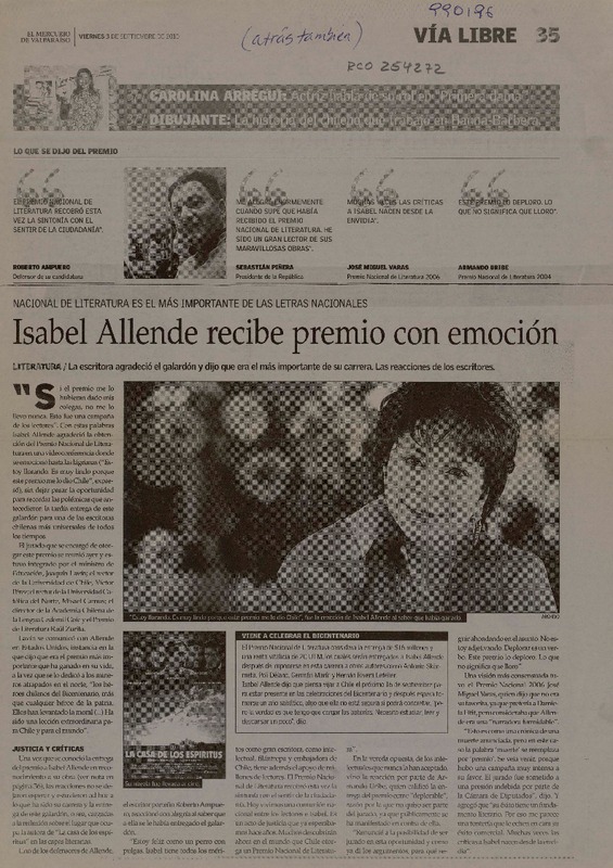 Isabel Allende recibe premio con emoción  [artículo].