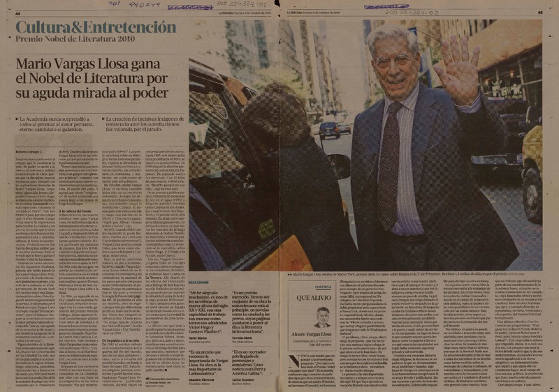 Mario Vargas Llosa gana el Nobel de Literatura por su aguda mirada al poder  [artículo] Roberto Careaga C.