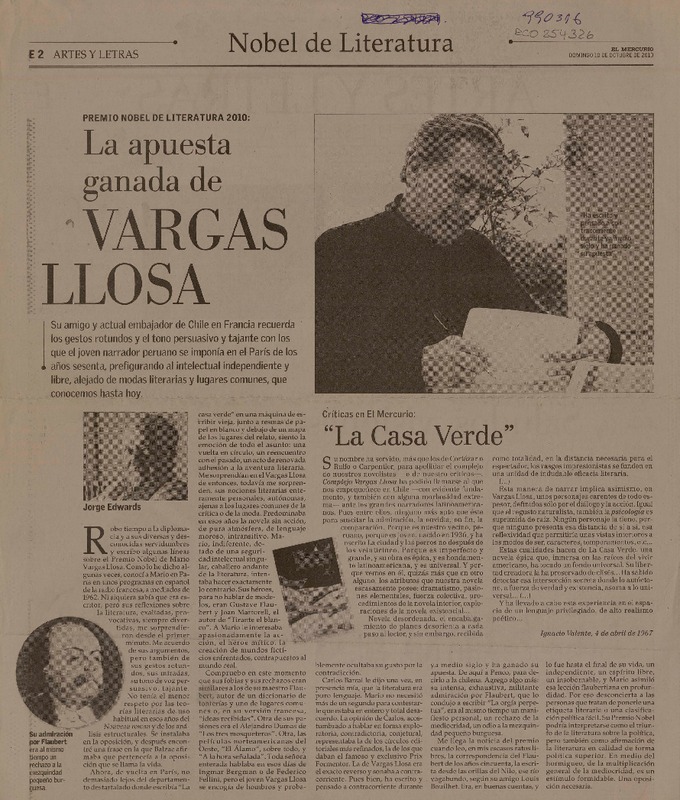 La apuesta ganada de Vargas Llosa  [artículo] Jorge Edwards.