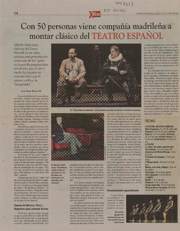 Con 50 personas viene compañía madrileña a montar clásico del teatro español  [artículo] Ana Rosa Romo R.