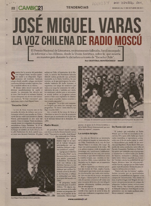 José Miguel Varas, la voz chilena de Radio Moscú  [artículo] Cristóbal Montedónico.