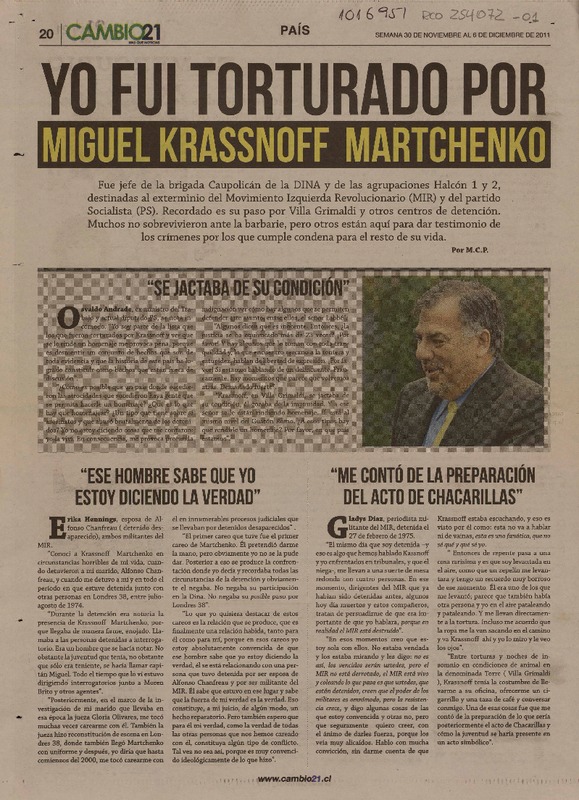 Yo fui torturado por Miguel Krassnoff Martchenko  [artículo] M. C. P.