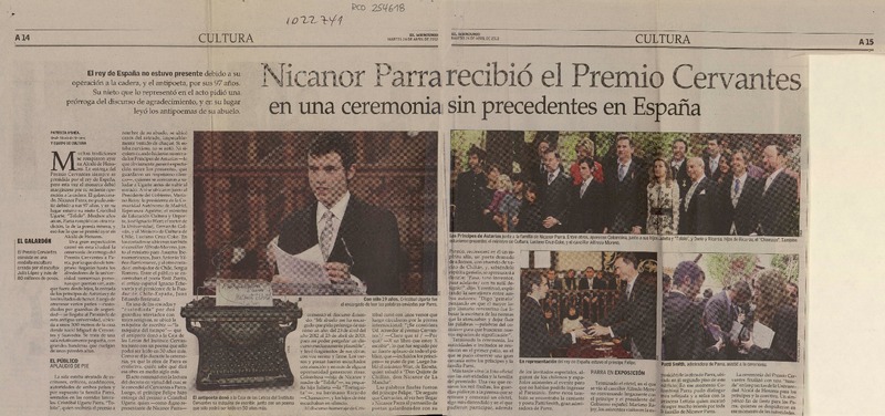 Nicanor Parra recibió el Premio Cervantes en una ceremonia sin precedentes en España  [artículo] Patricia O'Shea.
