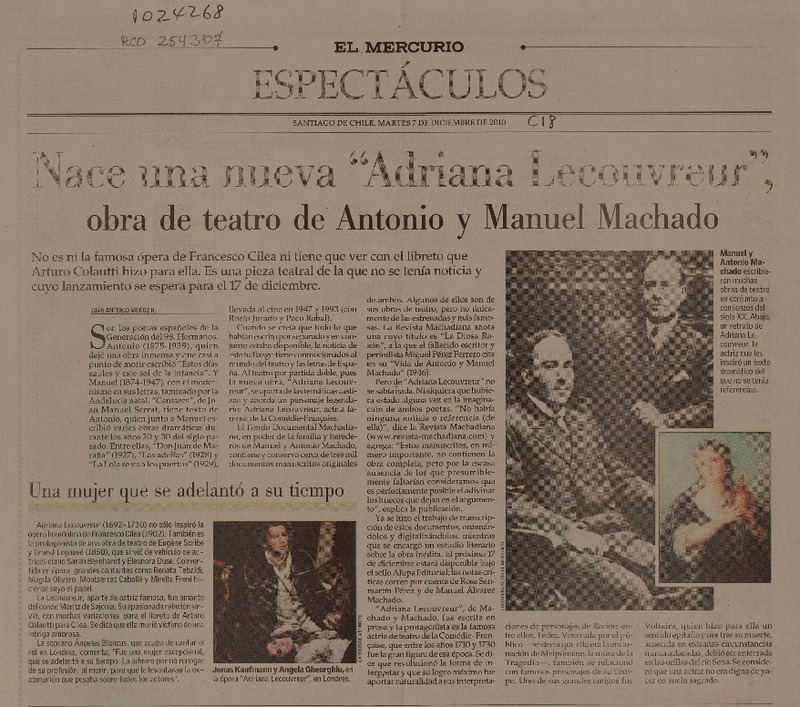 Nace una nueva "Adriana Lecouvreur", obra de teatro de Antonio y Manuel Machado  [artículo] Juan Antonio Muñoz H.