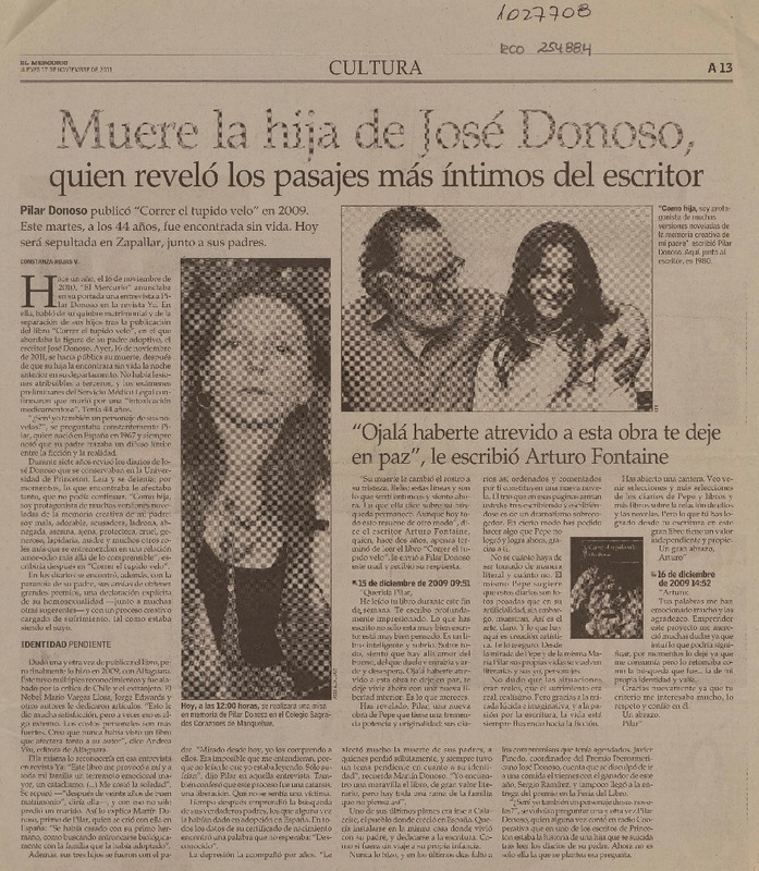 Muere la hija de José Donoso, quien reveló los pasajes más íntimos del escritor  [artículo] Constanza Rojas V.
