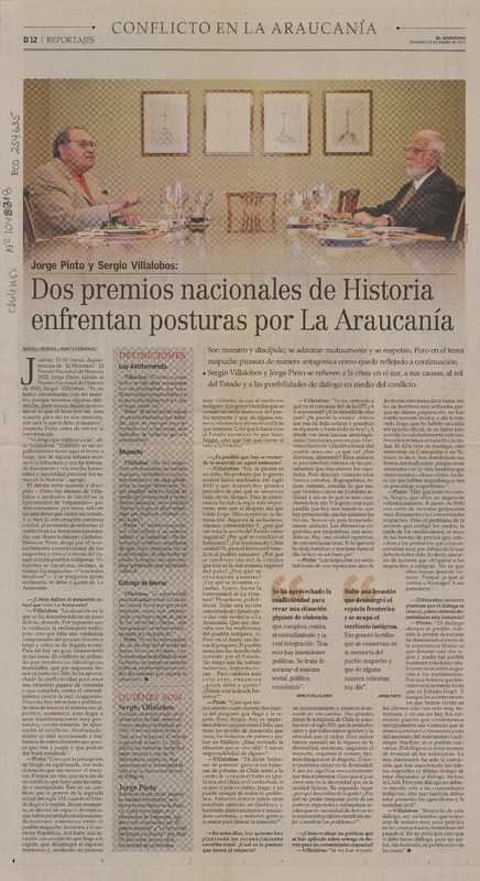 Dos premios nacionales de historia enfrentan posturas por La Araucanía  [artículo] Mariela Herrera y Renata Fernández.