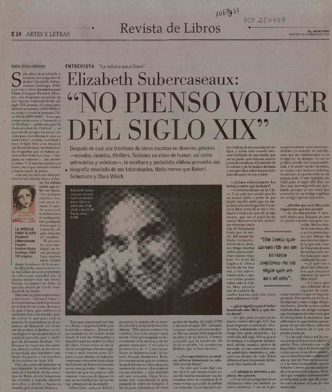 Elizabeth Subercaseaux: "No pienso volver del Siglo XIX"  [artículo] María Teresa Cárdenas