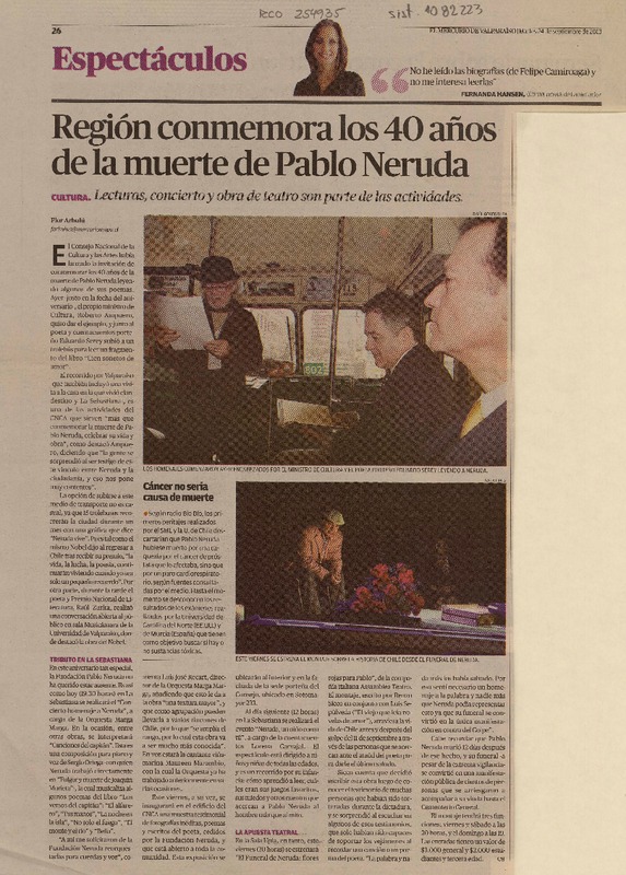 Región conmemora los 40 años de la muerte de Pablo Neruda  [artículo] Flor Arbulú.