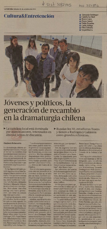 Jóvenes y políticos, la generación de recambio en la dramaturgia chilena  [artículo] Estefanía Etcheverría.