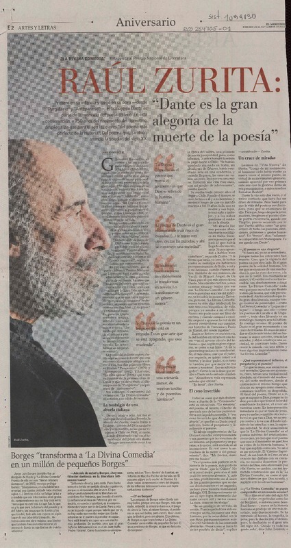 Raúl Zurita: "Dante es la gran alegoría de la muerte de la poesía" [entrevista]  [artículo] Juan Rodríguez M.