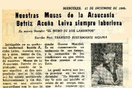Nuestras musas de la Araucanía, Beatriz Acuña Leiva siempre laboriosa  [artículo] Tránsito Bustamante Molina.
