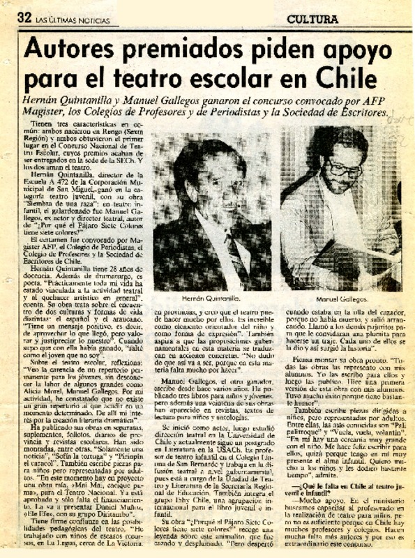 Autores premiados piden apoyo para el teatro escolar en Chile  [artículo].