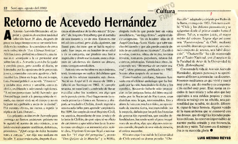 Retorno de Acevedo Hernández  [artículo] Luis Merino Reyes