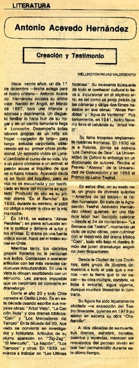 Antonio Acevedo Hernández creación y testimonio  [artículo] Wellington Rojas Valdebenito.
