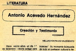 Antonio Acevedo Hernández creación y testimonio  [artículo] Wellington Rojas Valdebenito.