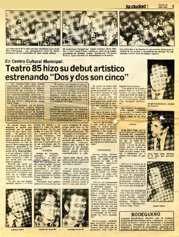 Teatro 85 hizo su debut artístico estrenando "dos y dos son cinco".  [artículo]