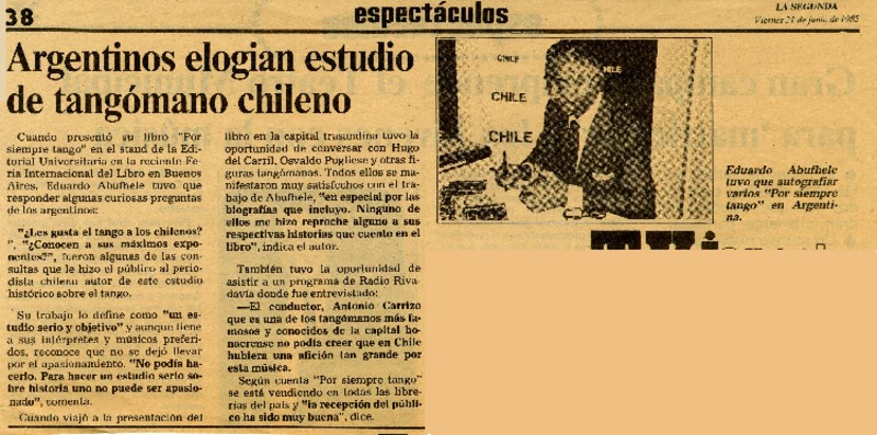 Argentinos elogian estudio de tangómano chileno: [entrevista] [artículo]