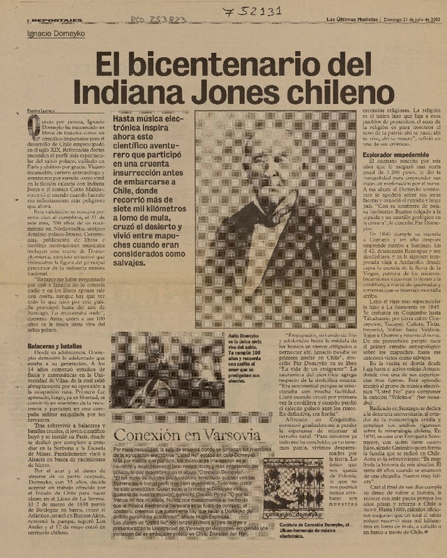El bicentenario del Indiana Jones chileno  [artículo] Fabián Llanca.