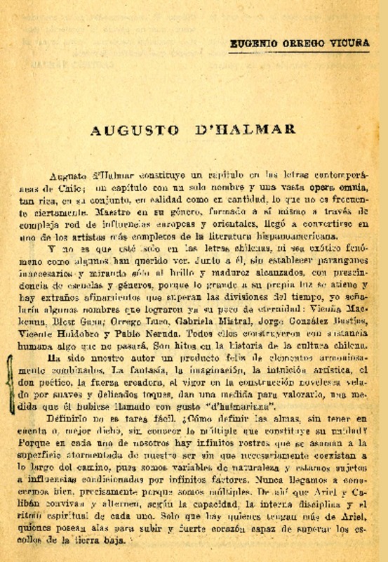 Augusto D'halmar  [artículo] Eugenio Orrego Vicuña.