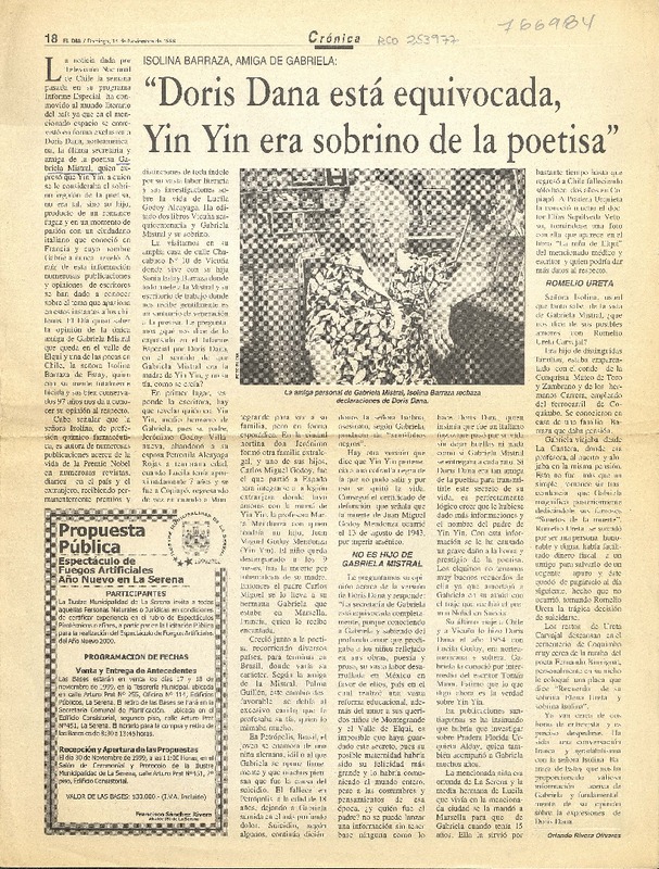 Doris Dana está equivocada, Yin Yin era sobrino de la poetisa"  [artículo] Orlando Rivera Olivares.