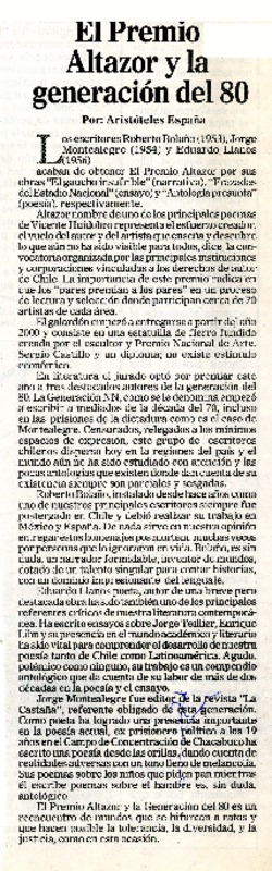 El Premio Altazor y la generación del 80  [artículo] Aristóteles España.