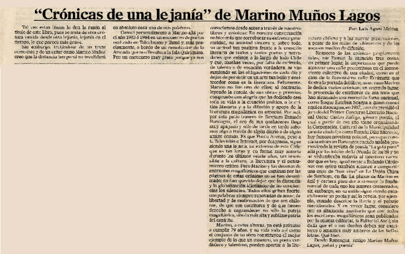 "Crónicas de una lejanía" de Marino Muñoz Lagos  [artículo] Luis Agoni Molina.