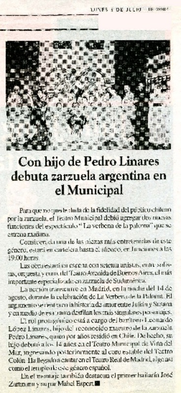 Con hijo de Pedro Linares debuta zarzuela argentina en el Municipal.  [artículo]