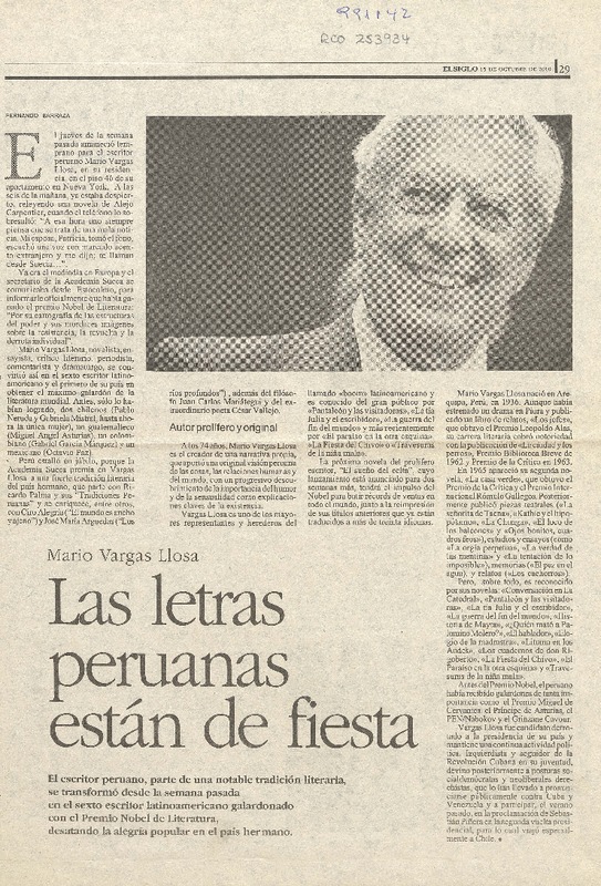 Las letras peruanas están de fiesta  [artículo] Fernando Barraza.