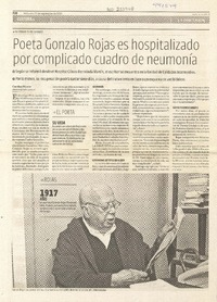 Poeta Gonzalo Rojas es hospitalizado por complicado cuadro de neumonía  [artículo] Carolina Marcos.