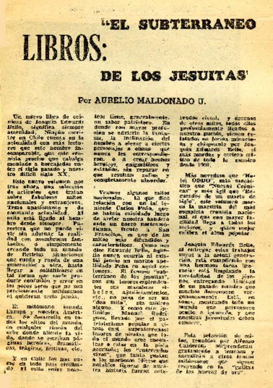 El subterráneo de los jesuitas  [artículo] Aurelio Maldonado U.