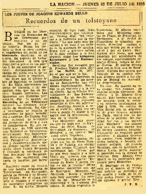 Recuerdos de un tolstoyano  [artículo] Joaquín Edwards Bello.