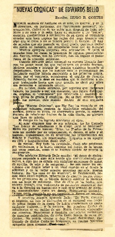 "Nuevas crónicas" de Edwards Bello  [artículo] Hugo R. Cortés.