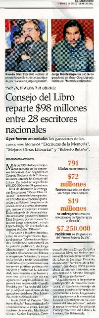 Consejo del Libro reparte $98 millones entre 28 escritores nacionales  [artículo] Macarena Maldonado A.