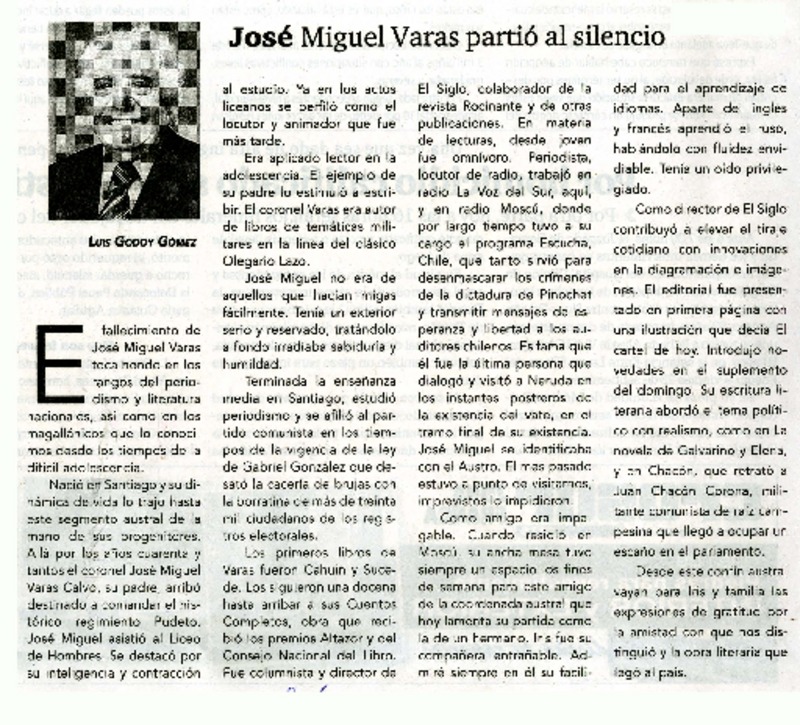 José Miguel Varas partió al silencio  [artículo] Luis Godoy Gómez.
