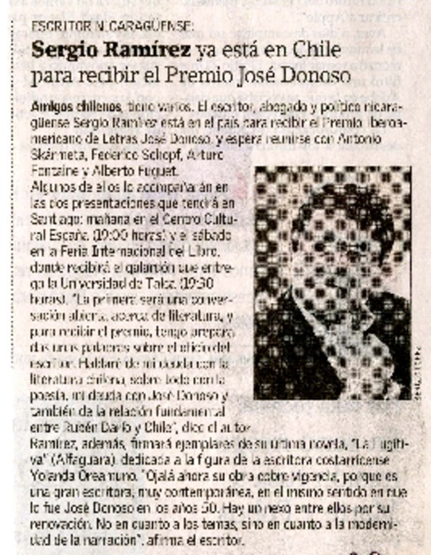 Sergio Ramírez ya está en Chile para recibir el Premio José Donoso  [artículo].