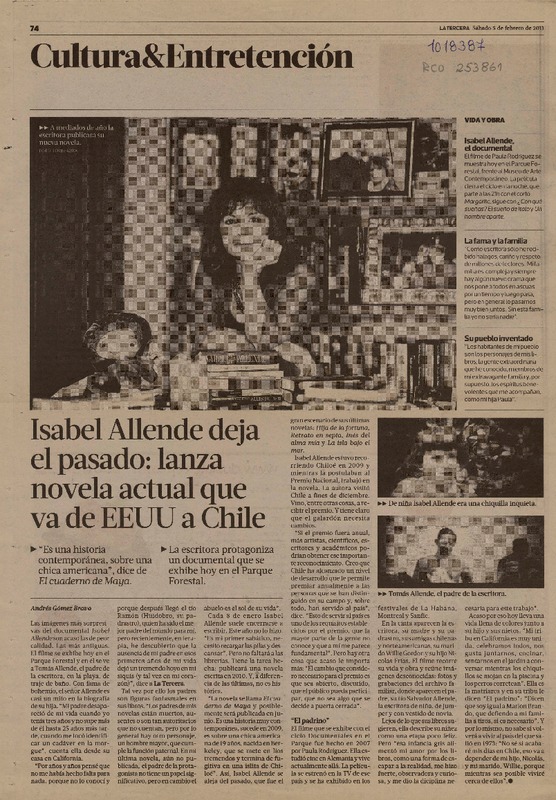 Isabel Allende deja el pasado : lanza novela actual que va de EEUU a Chile [artículo] Andrés Gómez Bravo.